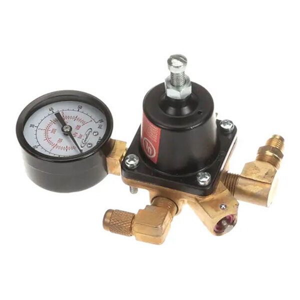 A brass and black CO2 regulator with a pressure gauge and adjustment knob.