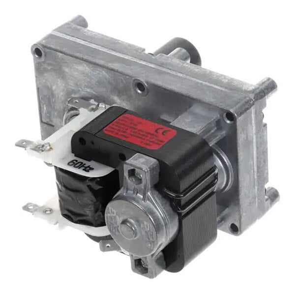 A metal electric motor assembly with a visible coil and mounting plate, typically used in appliances such as grills or rotisseries.