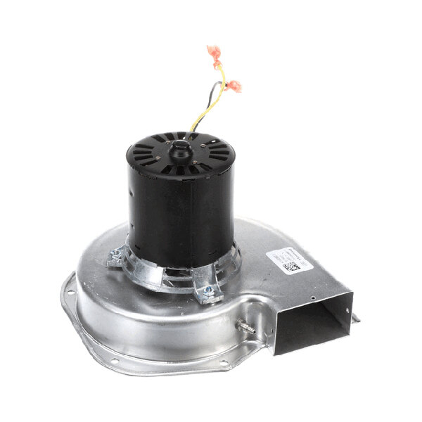 A metal blower vent package with a cylindrical black motor mounted on top and electrical wires extending from it.