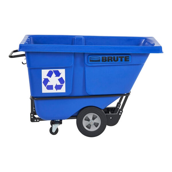 A blue Rubbermaid Brute recycling tilt truck.