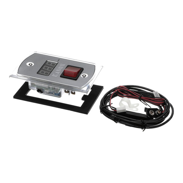 A digital temperature control unit with a display, red button, mounting frame, and wiring harness.