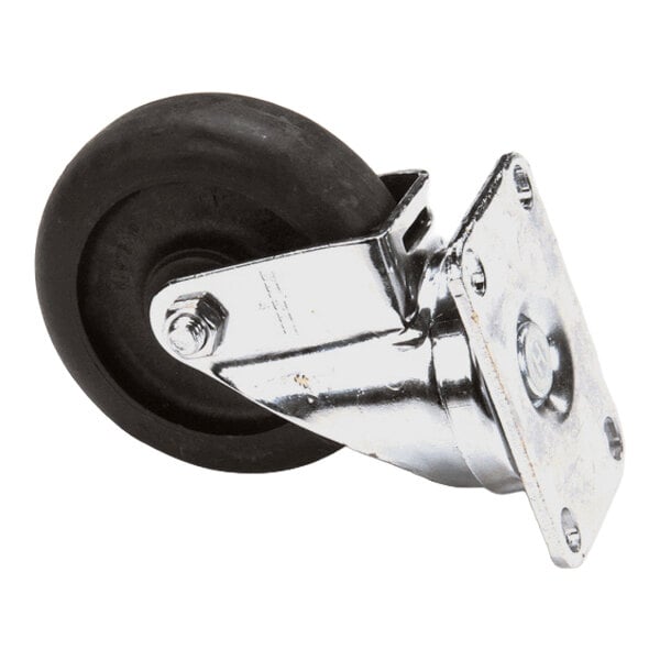 A metal swivel caster with a black rubber wheel and a mounting plate.