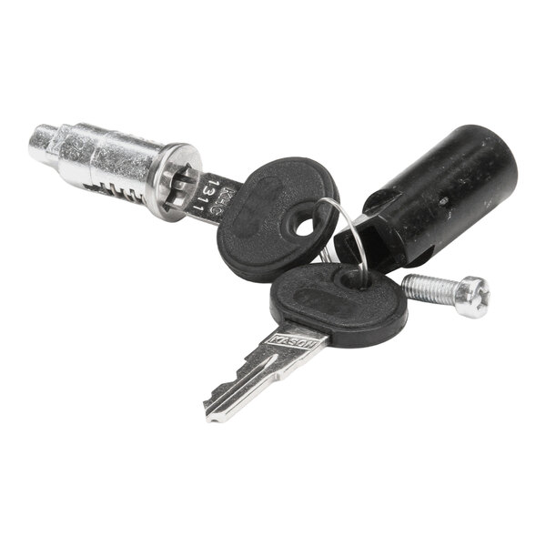 A cylinder lock kit with two keys, a lock cylinder, a black plastic cover, and a screw.