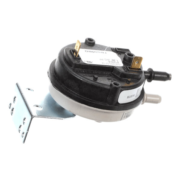 A round black and gray vent pressure switch with metal mounting bracket and electrical terminals.
