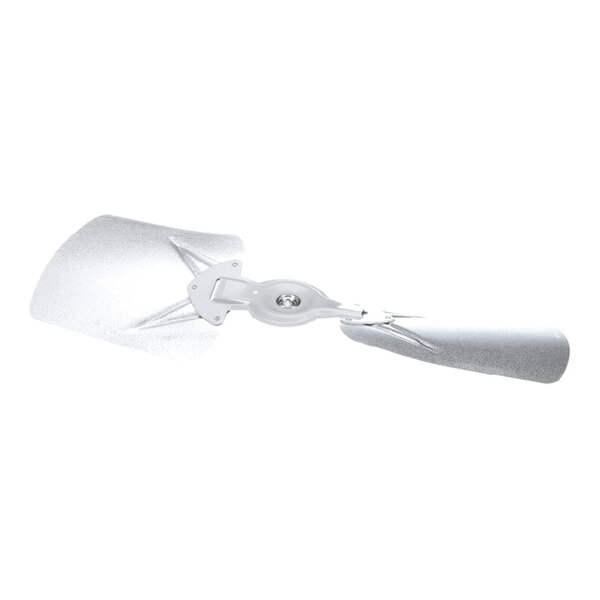 A large metallic fan blade with a central mounting hub and two blades, designed for industrial or HVAC use.