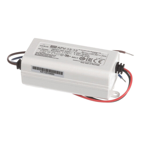 A rectangular LED transformer with attached input and output wires.