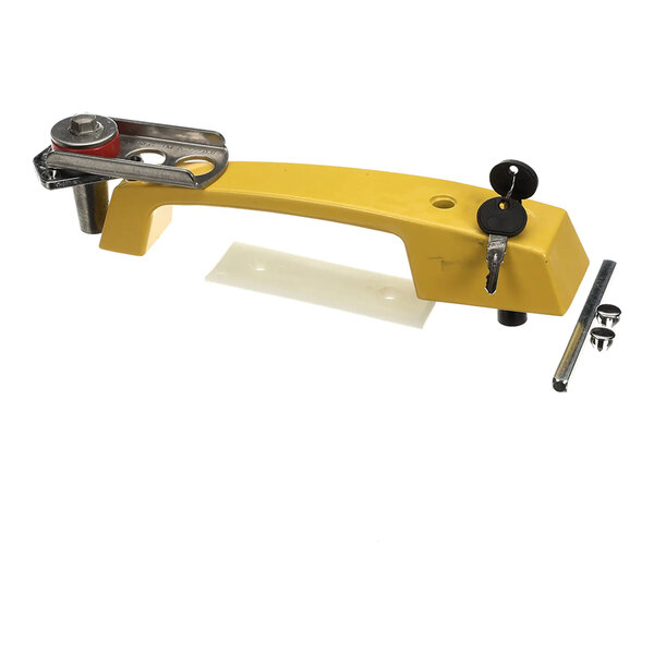 A yellow metal handle assembly with a lock and keys, mounting hardware, and a roller mechanism, designed for use with International Cold Storage equipment.