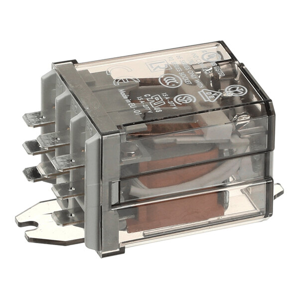 A clear plastic-encased power relay with multiple metal terminals.