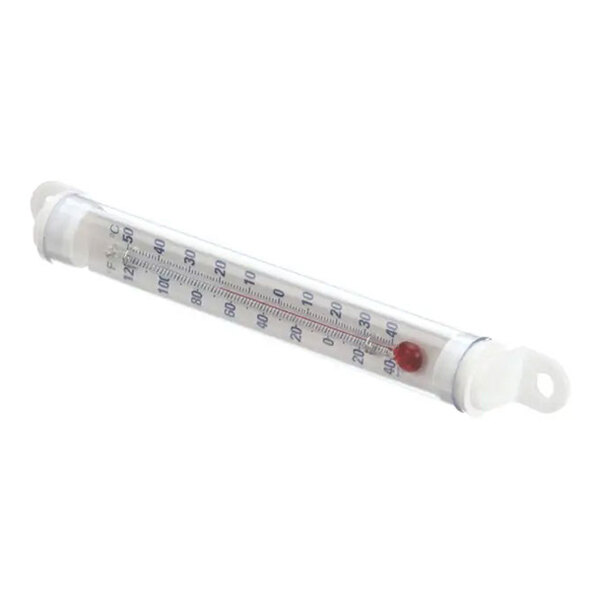 A cylindrical thermometer with a clear casing and temperature markings in both Fahrenheit and Celsius.