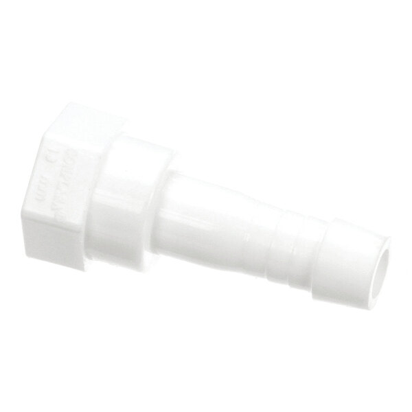 A white plastic female connector with a barbed end and a hexagonal nut, used for plumbing or fluid transfer applications.