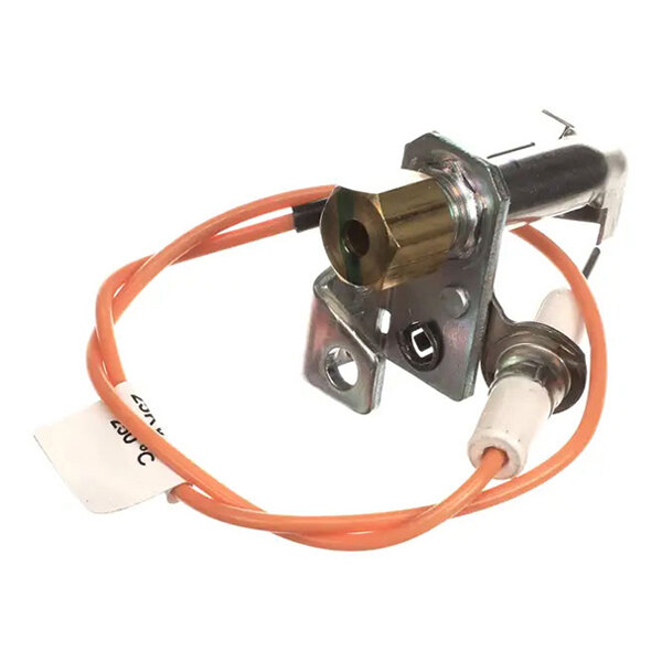 A metal pilot assembly with an attached orange wire and ceramic component, used for Hestan appliances.