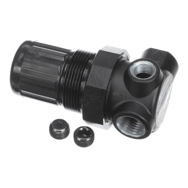 A black JoeTap JT-R07200RNAA regulator with 1/4 inch NPT connections and two small threaded plugs.