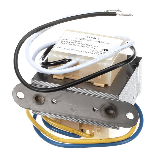 A metal and plastic electrical transformer with attached wires, used for converting 120V to 24V at 40VA.