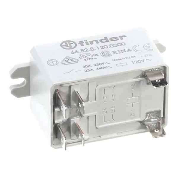 A white Finder 66.82.8.120.0300 relay with multiple metal terminals and printed specifications on the casing.