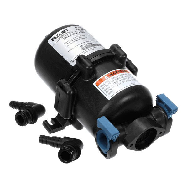 A black Flojet expansion tank with two blue fittings and three separate hose connectors.