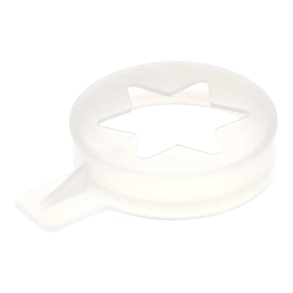 A white, round plastic spout with a star-shaped cutout in the center.