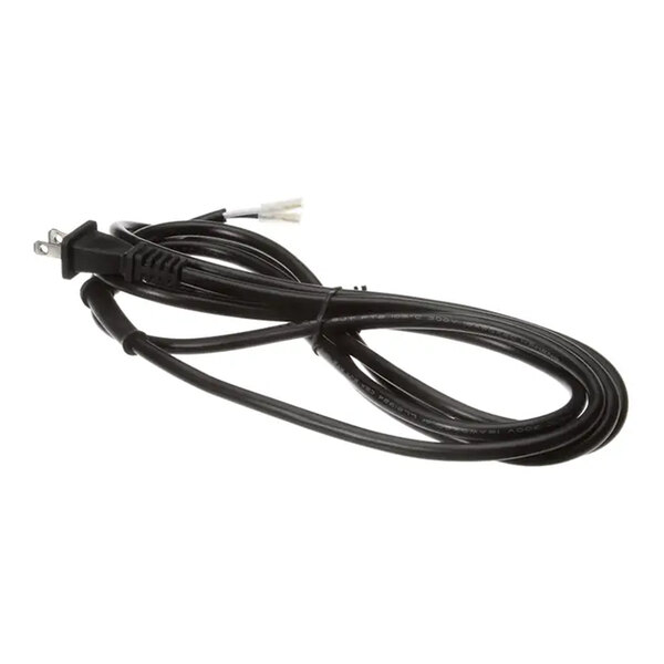 A black power cord with a standard plug on one end and exposed wires on the other end.