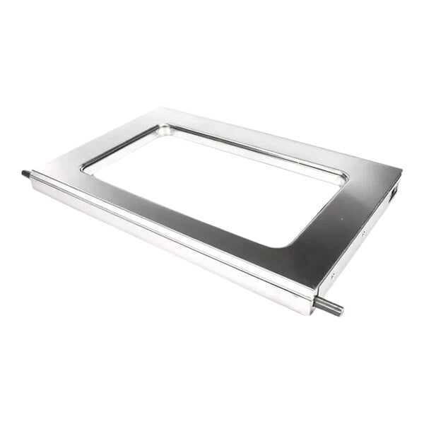 A rectangular metal door with a window cutout, designed for left-hand use.