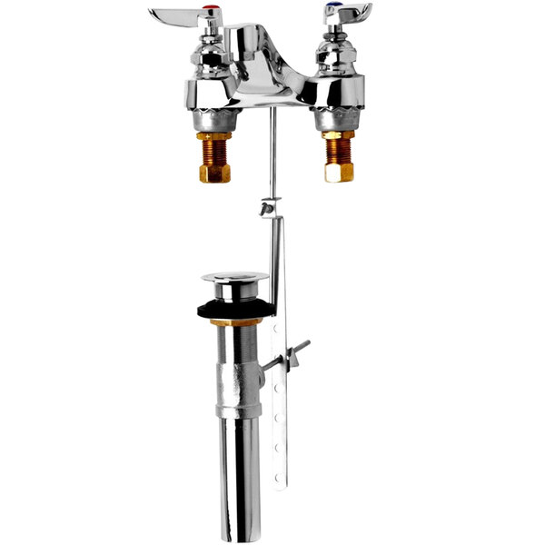 A white T&S deck-mount faucet with 4" wrist action handles.