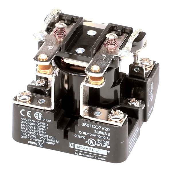 A Square D relay anti-freeze component with metal terminals and labeled specifications, used for electrical control applications.