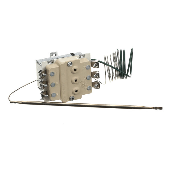 A hi-limit thermostat with a beige plastic housing, multiple screw terminals, and an attached coiled sensor probe.