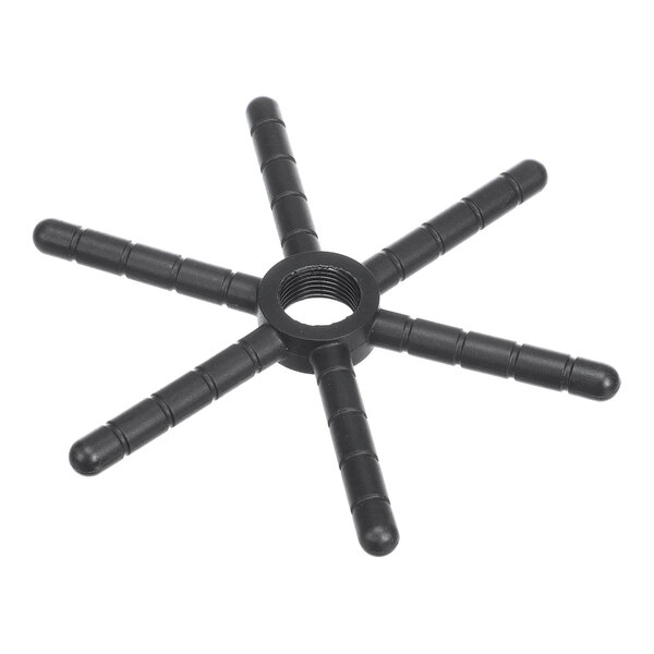 A black plastic star-shaped rinser activation part with six arms and a threaded center hole.