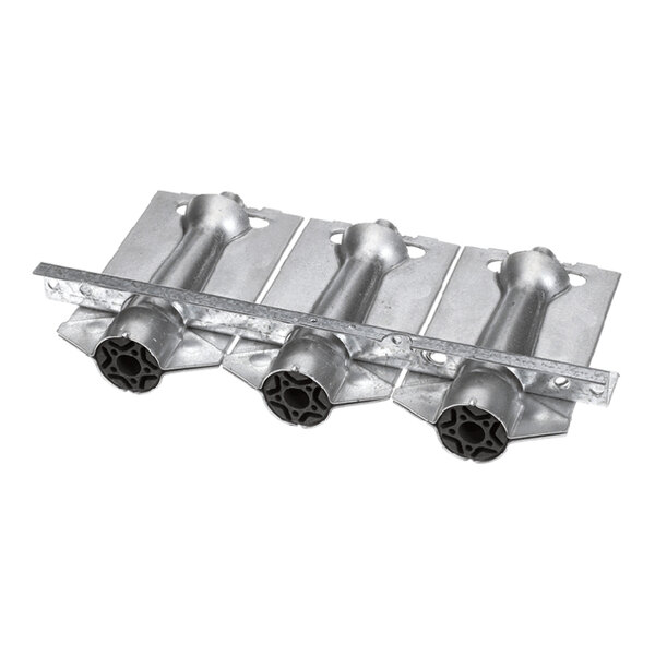 A metal burner assembly for a heating appliance, featuring three burner tubes mounted on a metal bracket.