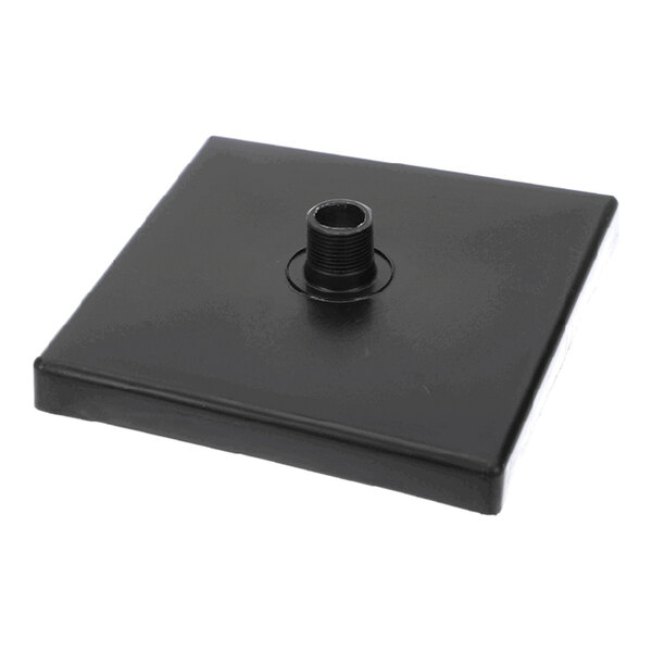 A black square auxiliary drain pan with a central threaded connector, designed for HVAC systems.