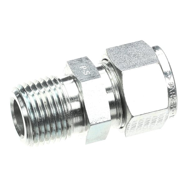 A metal pipe fitting with a threaded male end and a compression nut, typically used for connecting pipes or tubes.