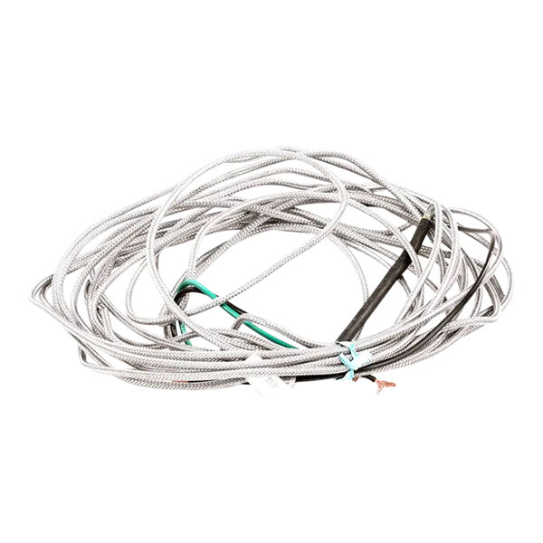A coiled heat wire with a braided exterior and exposed ends, used for refrigeration or freezer applications.