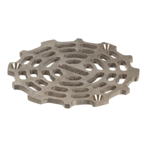 A round metal strainer cover with a patterned grate design and four screw holes.