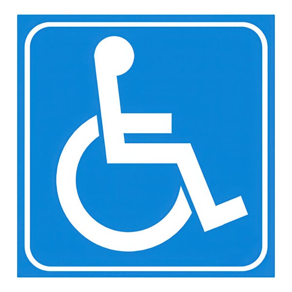 A blue and white vinyl decal featuring the international symbol for handicap accessibility.