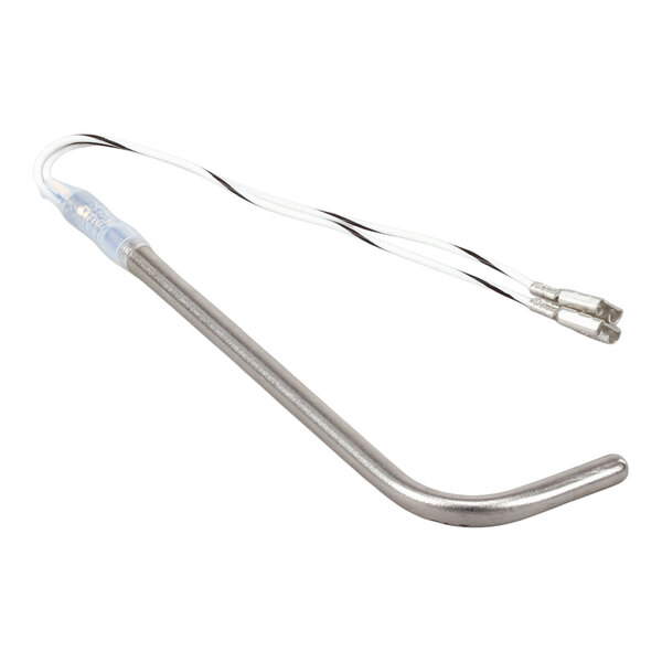 A metal probe with a bent end and attached wires, used as a temperature sensor or heating element.