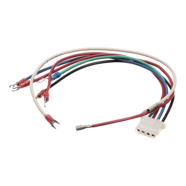 A multi-colored wiring harness with a white connector and several forked terminals, used for electrical connections.