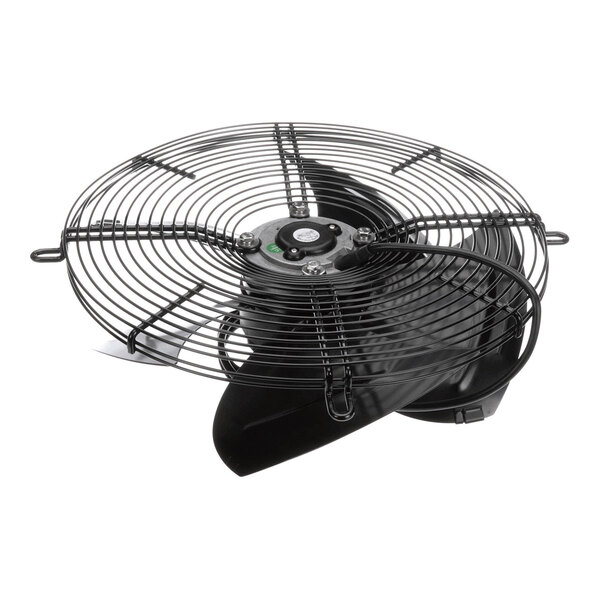 A black condenser fan motor with a protective wire grille and attached fan blades.