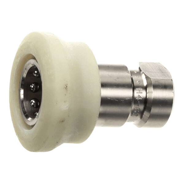 A metal and plastic 1/2-inch female quick connect fitting with a ball bearing mechanism.