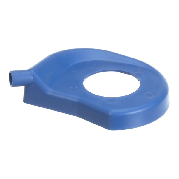 A blue plastic drain pan with a central circular opening and a side spout, designed for use with an evaporator.