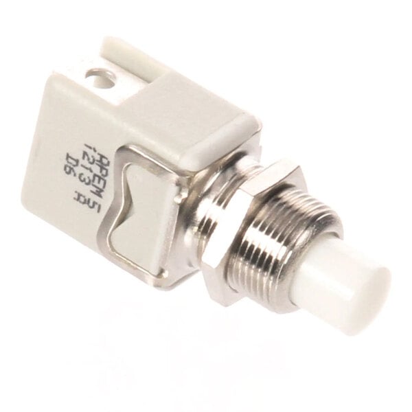 A metal and plastic push button switch component.