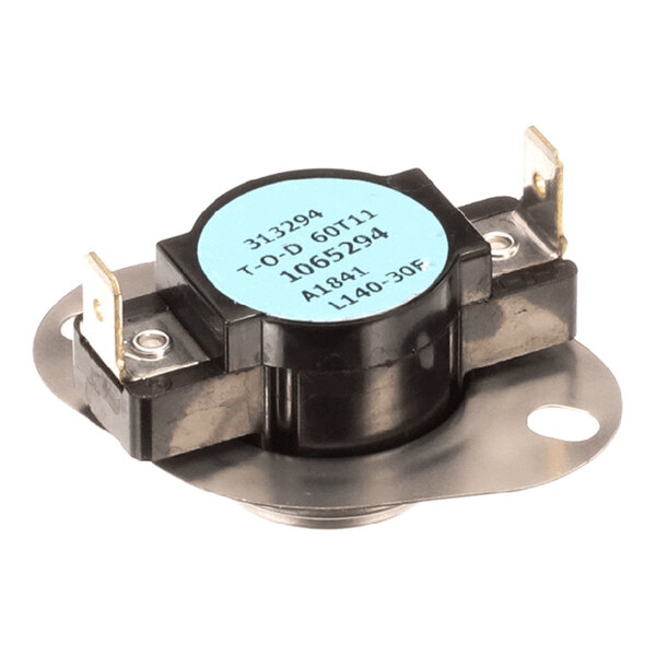 A metal and plastic limit switch with two electrical terminals and a blue label, used in HVAC systems.