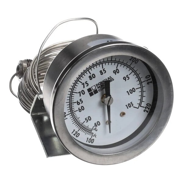 A round metal rinse gauge with a dial display and attached coiled sensor, used for measuring temperature.