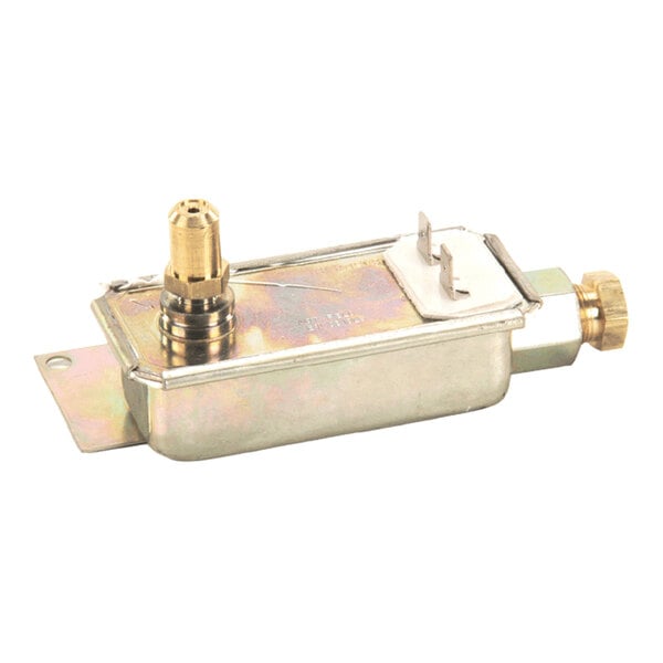 A rectangular metal bi-metal valve with a brass fitting and electrical connectors, used for controlling gas flow in appliances.