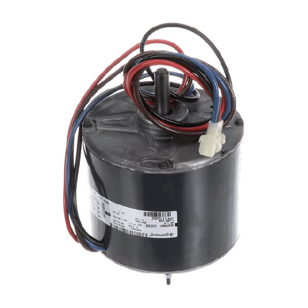 A black cylindrical condenser motor with attached wires and a label, used for HVAC systems.