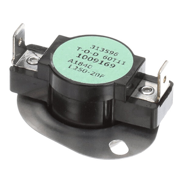 A black and silver limit switch with a green label, used in HVAC systems.