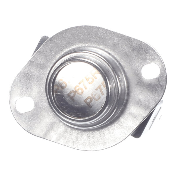 A metal limit switch component with a round center and two mounting holes, used in HVAC systems.