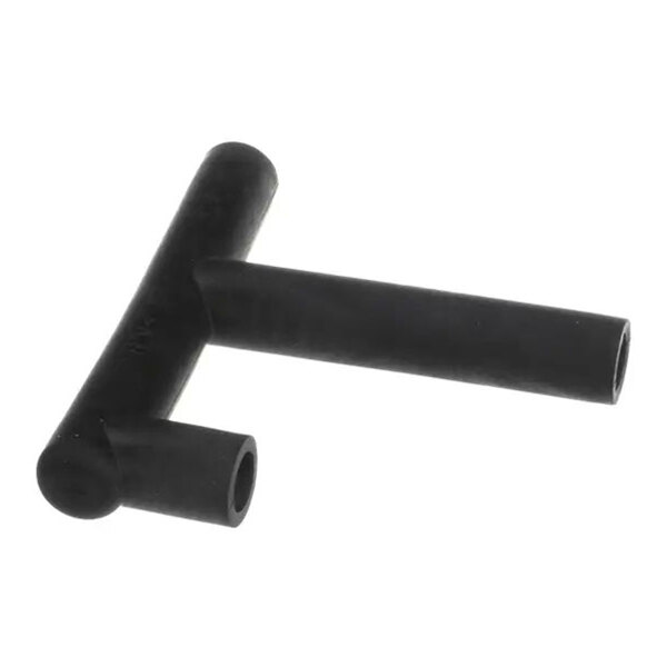 A black T-shaped water supply pipe component.