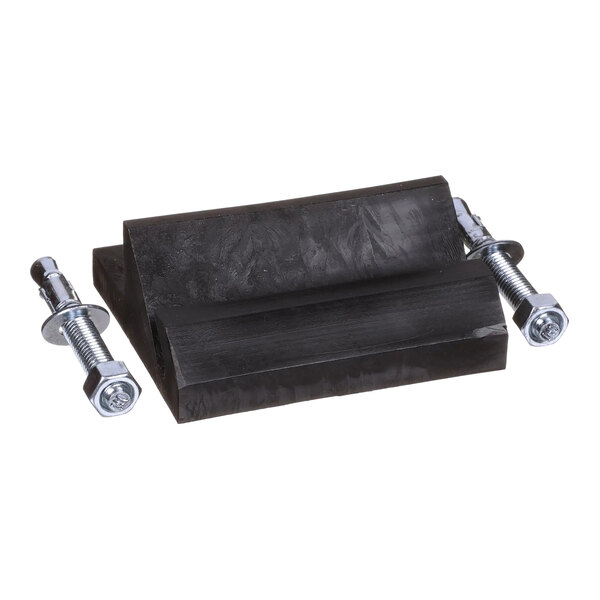 A black rubber door guide with two metal bolts, used for guiding sliding doors.