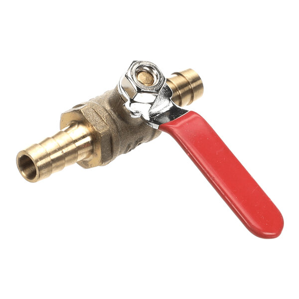A brass ball valve with a red handle and 3/8 inch barbed fittings on both ends.