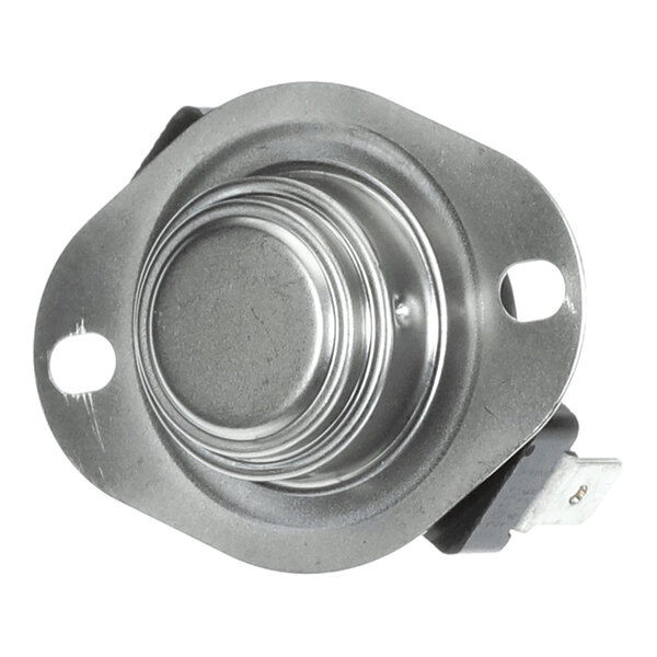 A round metal limit switch with two mounting holes and an electrical terminal, used in HVAC systems.