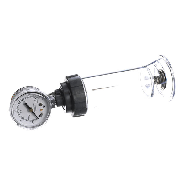 A carbonation tester assembly with a pressure gauge and clear cylindrical chamber.