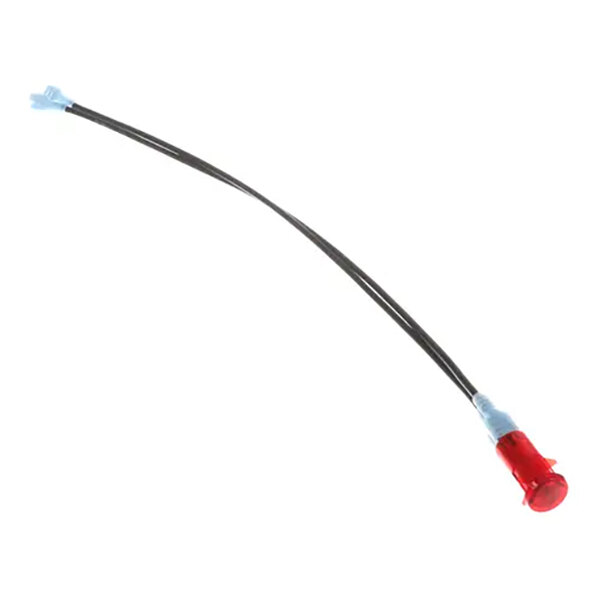 A round red pilot light assembly with a black wire and blue connectors, designed for 125V applications.